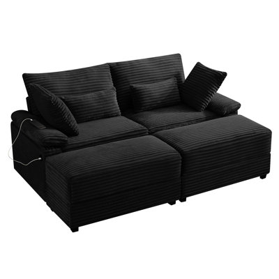 Causeuse double 75 po en velours côtelé avec 2 repose-pieds convertibles, chargeur USB et coussins