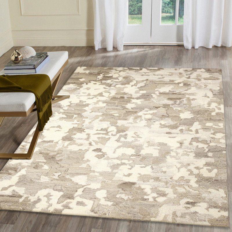 Tapis beige / ivoire en laine touffeté à la main Abstract, Rectangle 5 pi x 7 pi 6 po