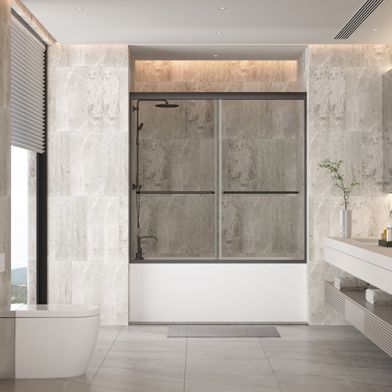 56"-60"W x 58"H Semi-Frameless Tub Door with Tempered Glass, Black