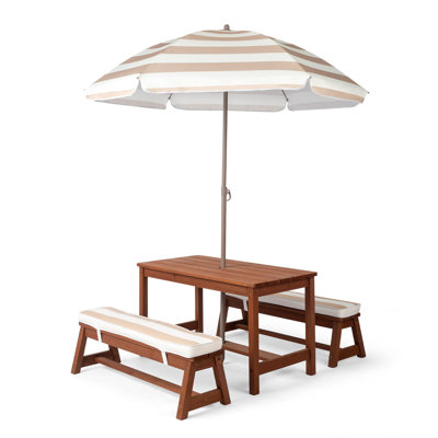 Kids Wood Rectangle Outdoor Picnic Table And Bench With Umbrella And Cushion