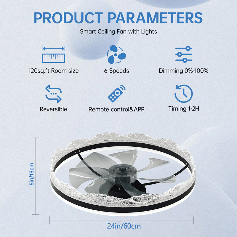 Ventilateur de plafond 24 po avec lumière et ventilateur encastré en cristal avec pales cachées et flux d'air naturel, parfait pour la chambre à coucher, la chambre d'enfant et la salle d'étude