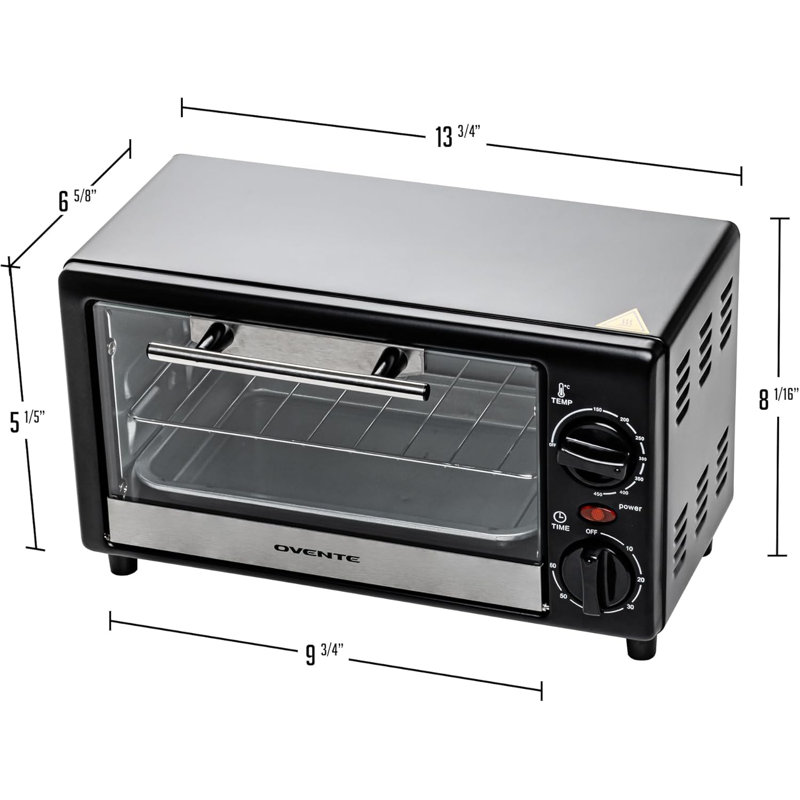OVENTE 8L Countertop Toaster Oven with 60-Minute Timer, Adjustable Temperature Control, Easy-to-Clean Baking Pan, 750W Compact Mini for Pizza, Toast, Bake, and Broil, Black TO2808B