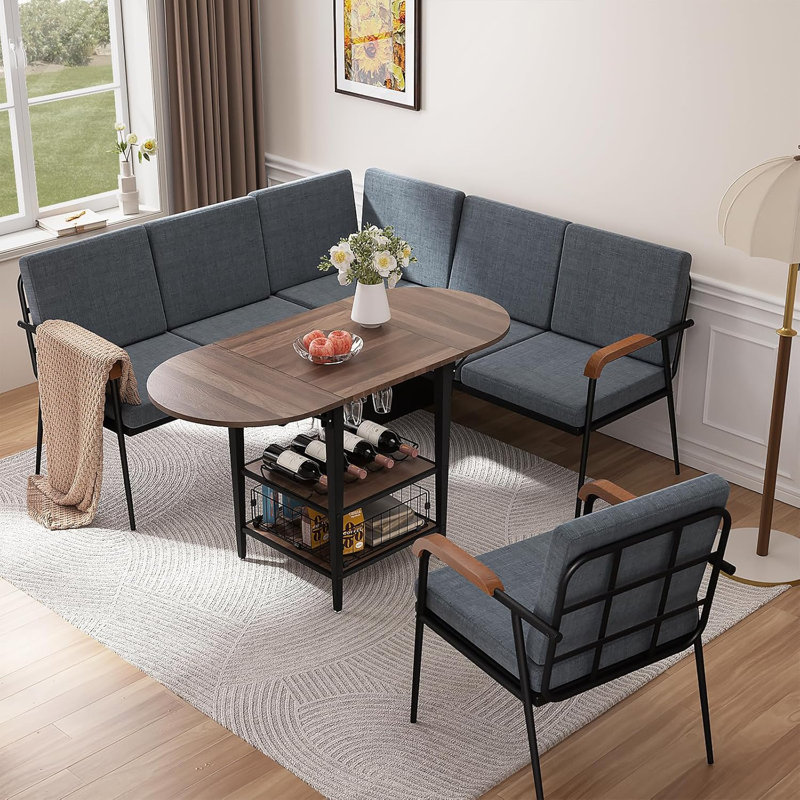 Ensemble de table de coin déjeuner avec rangement, ensemble de salle à manger en coin en L avec table pliable, banc d'angle et 1 chaise rembourrée, coin cuisine moderne pour petits espaces