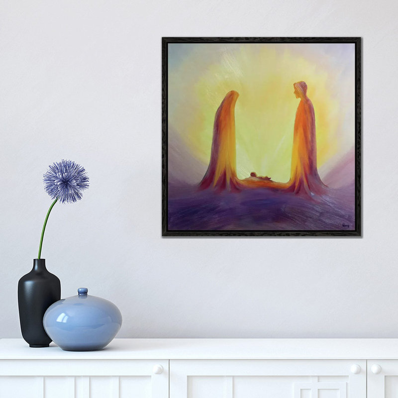 Mary And Joseph Look With Faith On The Child Jesus At His Nativity, 1995 by Elizabeth Wang - Painting on Canvas, Black Framed