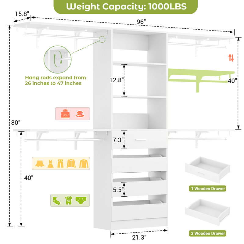 White Closet System  With4 Drawersand Rods