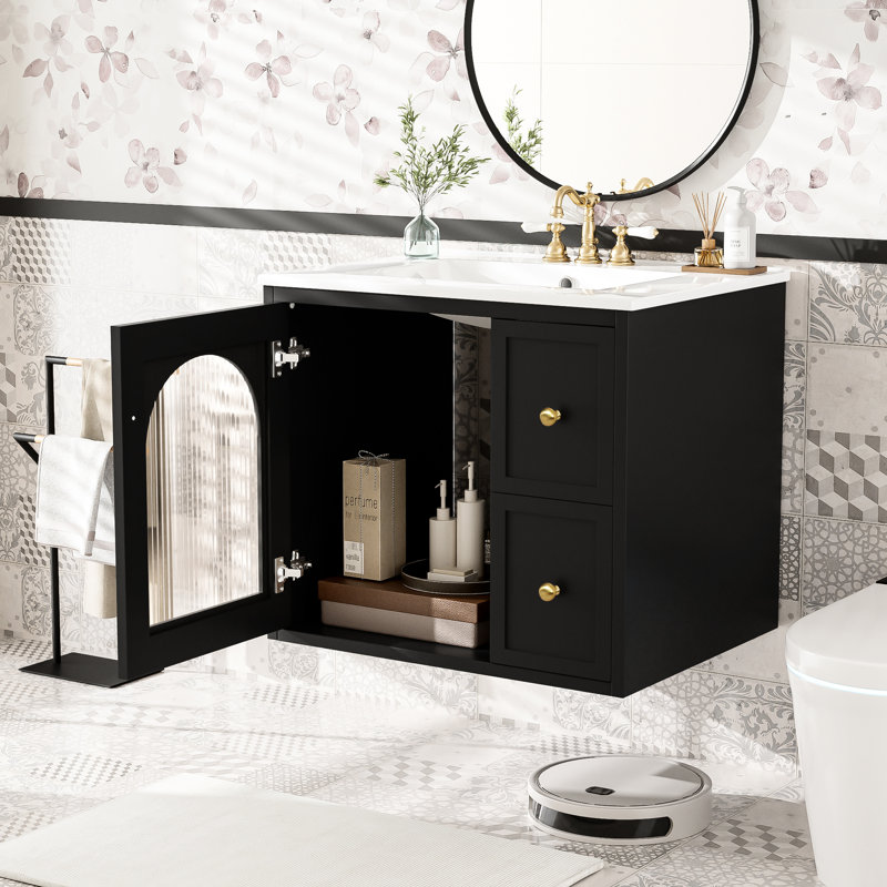 Meuble-lavabo mural avec mesures de 24 po, lavabo en céramique, tiroirs de rangement, esthétique moderne, surface imperméable, compatibilité du robinet, poignée élégante pour les salles de bain à espace limité, design,