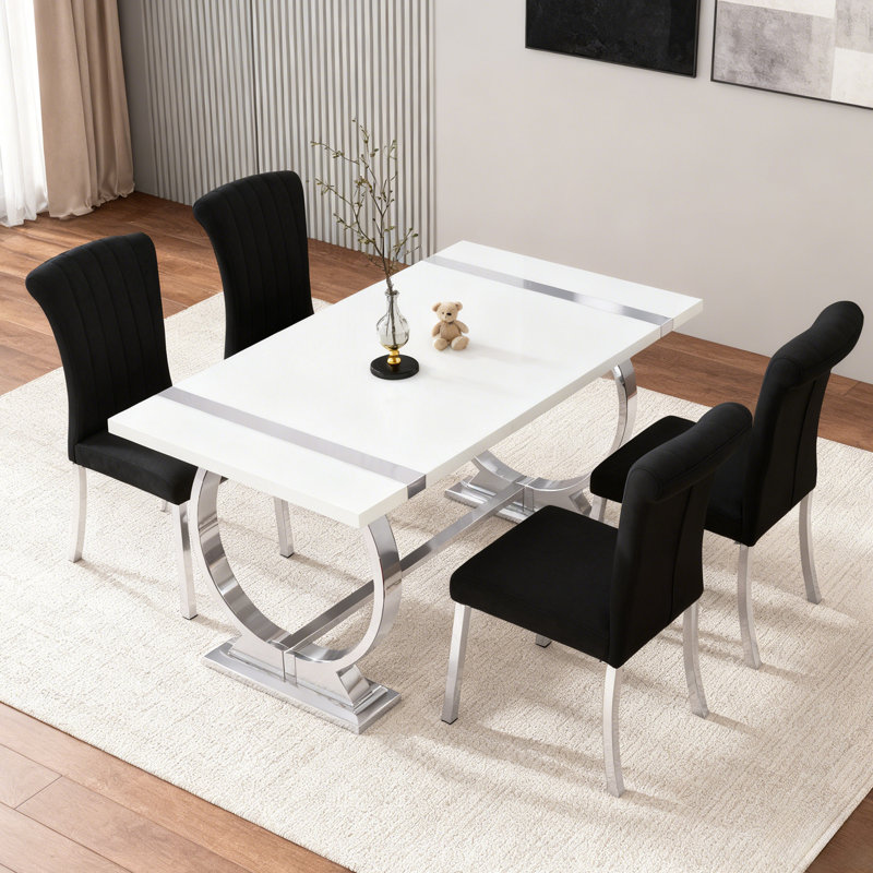 Ensemble de tabel de salle à manger rectangulaire moderne 5 pièces l 80 po, H 30 po x l 80 po x P 39 po, Noir / argenté
