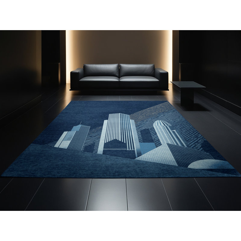 Machine Washable Orsolya Lagos Skyline Modern & Contemporary Geometric Rug in Blue – Navy Binding, 5x8