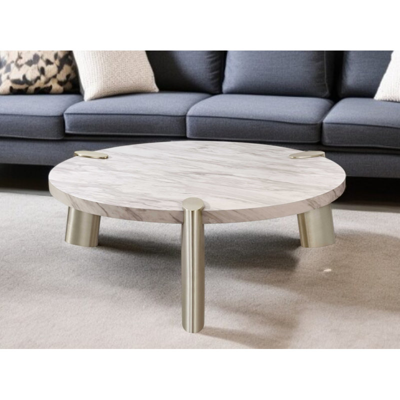 Table basse 48 po en marbre blanc et argent et acier inoxydable