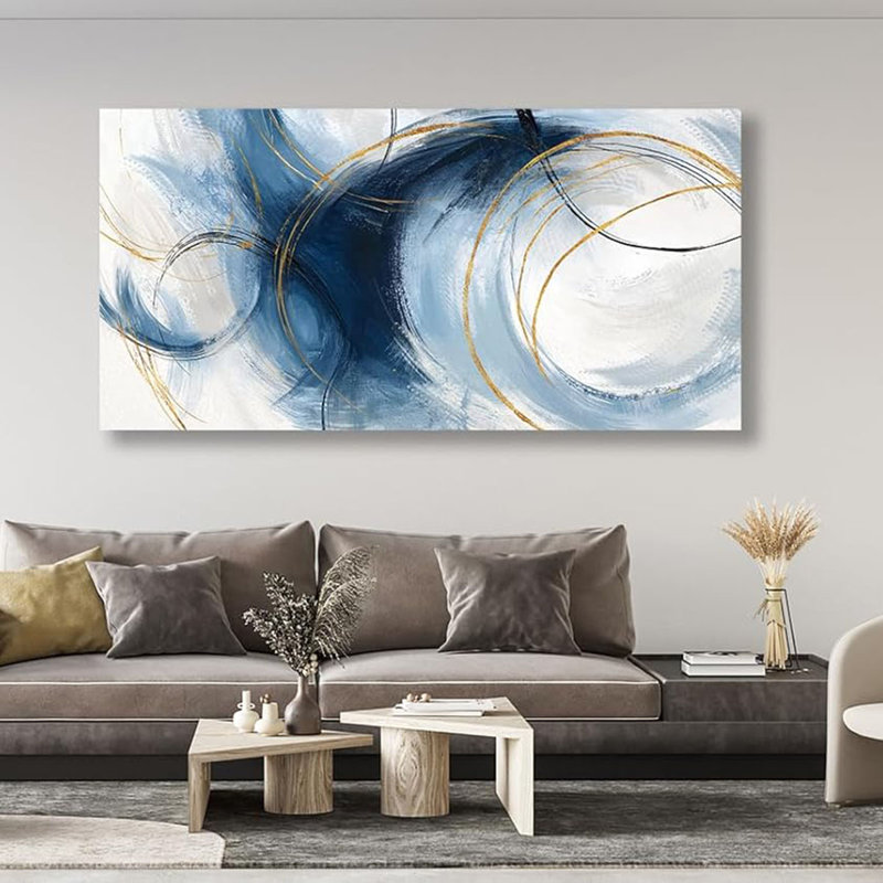 Abstract Wall Art - Blue Gold Circle Pictures Aesthetic Navy Strokes Shapes On White Canvas Painting Prints Modern Artwork Wall Art For Living Room Bedroom Home Office Decoration 24" X 48"