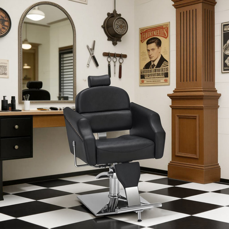Fauteuil de coiffeur inclinable l 27 po Nasri Hendren, fauteuil Solon pivotant, similicuir, Noir, noir, noir, noir