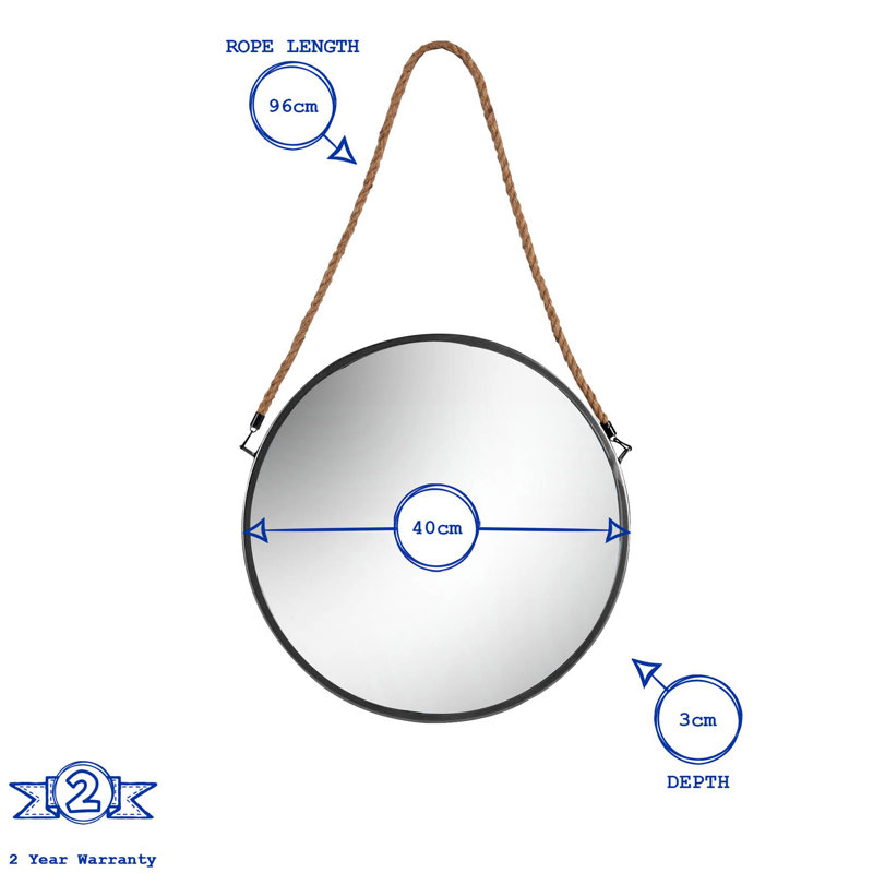 Round Metal Frame Hanging Mirror on Rope, 40cm H x 40cm W, Gold