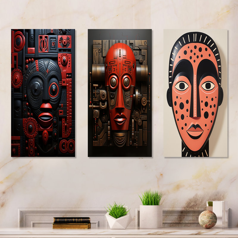Masque africain Zulu Warrior II - ensemble de 3 décorations murales en métal, H 32 po x l 48 po
