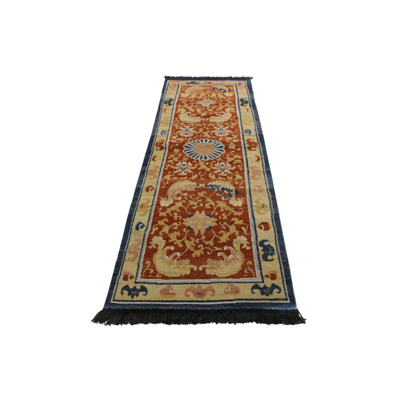 Rug & Kilim’S Chinese Pictorial Runner In Gold And Orange All Over Pattern, Runner 3' x 14'