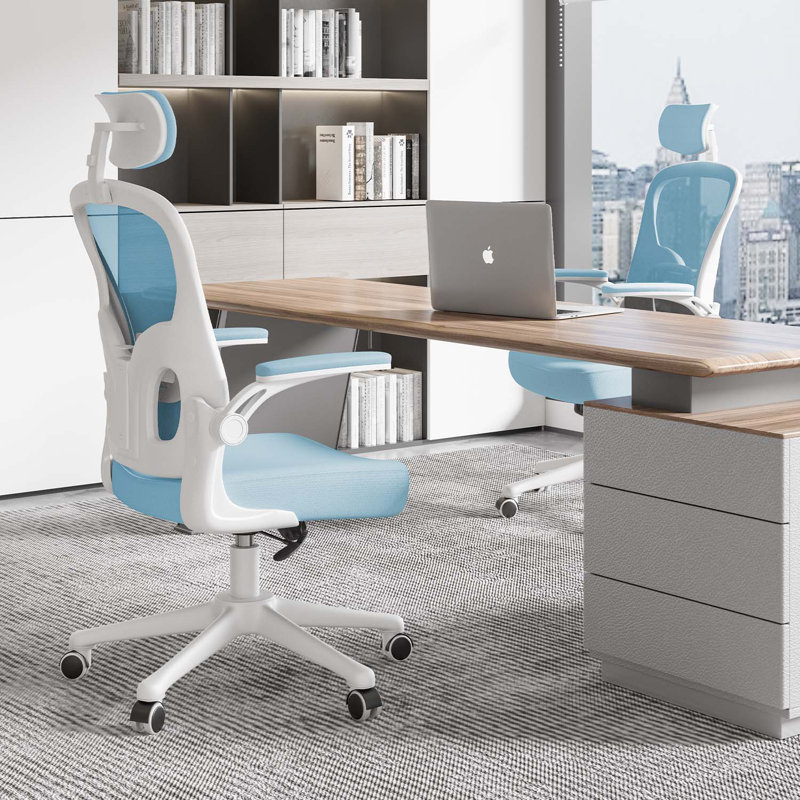 Mesh Office Chair with Headrest, White/Blue