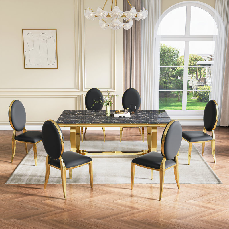 Ensemble de salle à manger moderne, ensemble de table de salle à manger en faux marbre avec chaises rembourrées, Noir et or