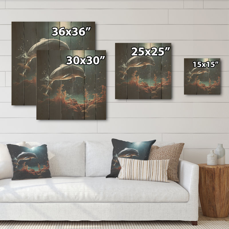 Dolphin Mystic Encounters I - Art mural en bois de dauphin sur bois de pin naturel, H 15 po x l 15 po