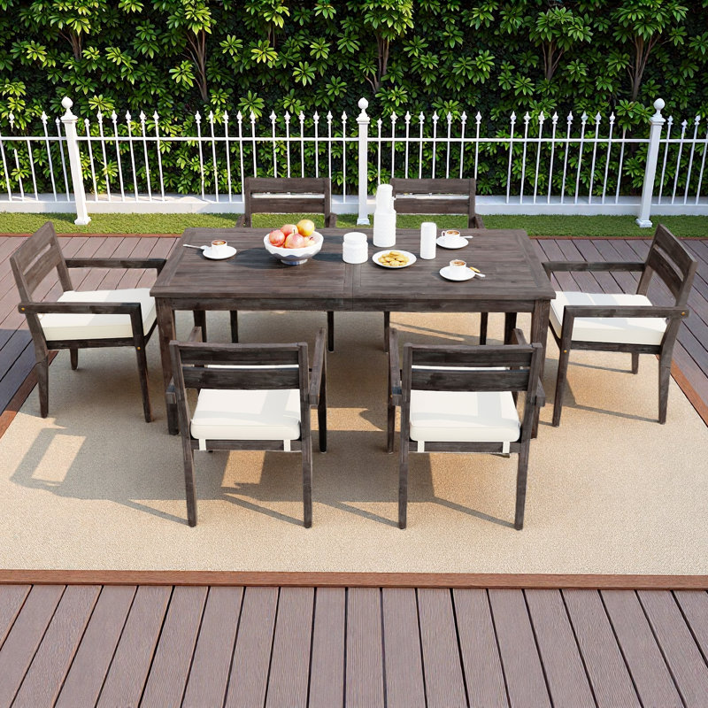 Ensemble repas 7 pièces pour l'extérieur, 1 grande table et 6 chaises empilables avec coussins et élément imperméable, Gris