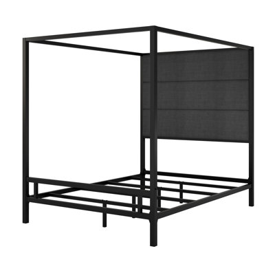 Modern Canopy Bed with Upholstered Headboard Metal 4-Poster Bed Frame, Box Spring Needed