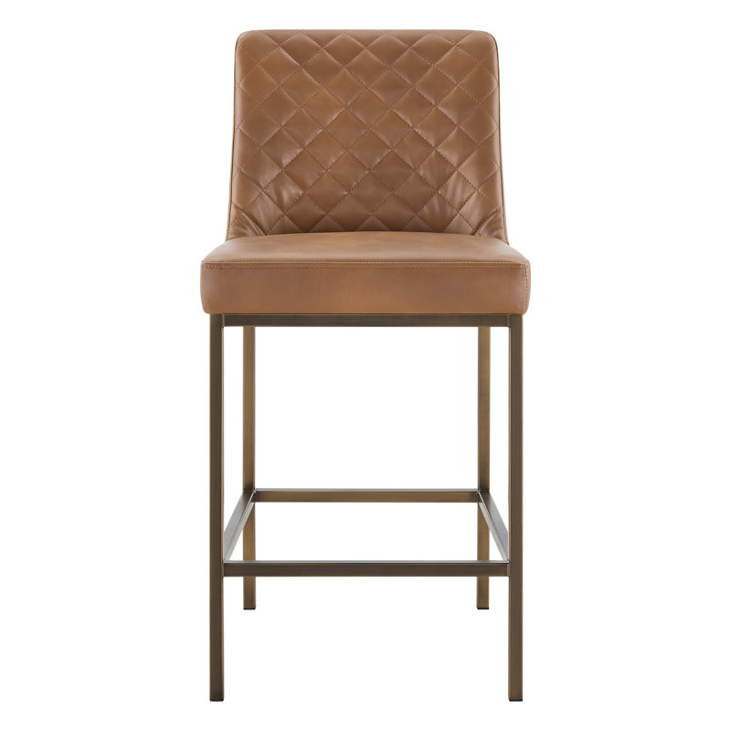 Tabouret de comptoir en similicuir avec dossier capitonné à losanges et structure en métal, Sable, cire