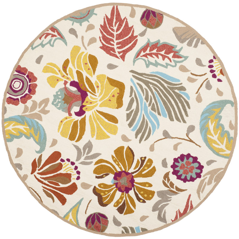 Tapis à motif floral jaune crocheté à la main Doyle, Rond 4 pi