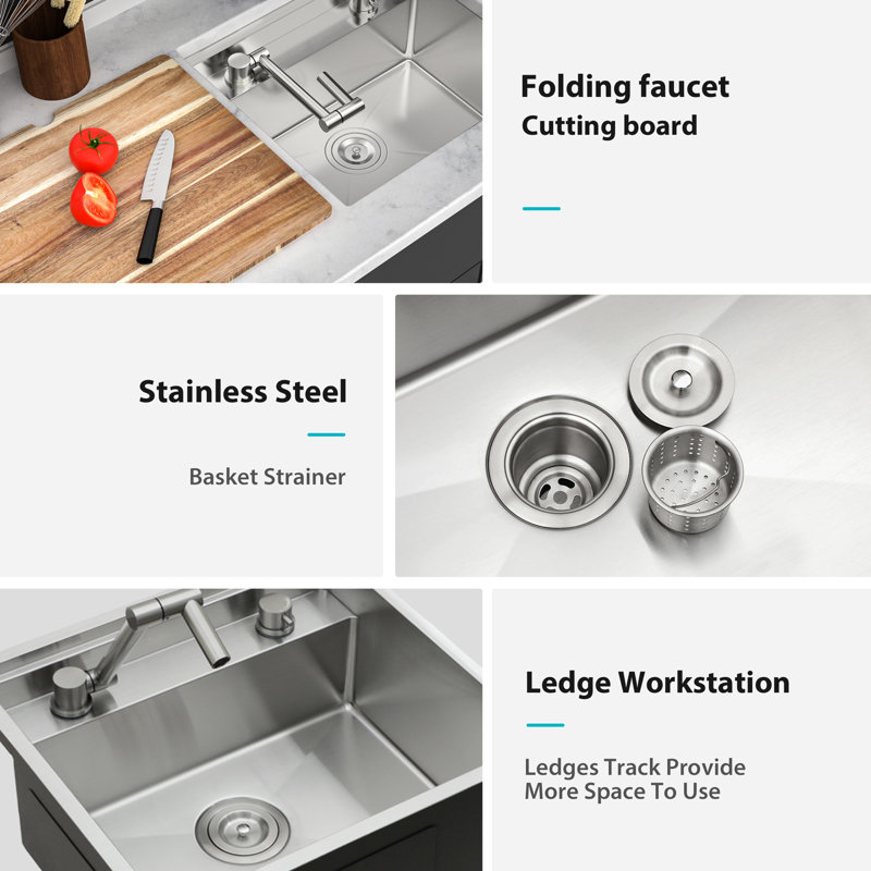 21" X 19" Single Bowl Workstation Sink In 16 Gauge T304 Stainless Steel With 360 Rotating Folding Faucet, Invisible Lid For Diverse Kitchen Tasks, X - Shaped Drain Quick Water Discharge, Coating To