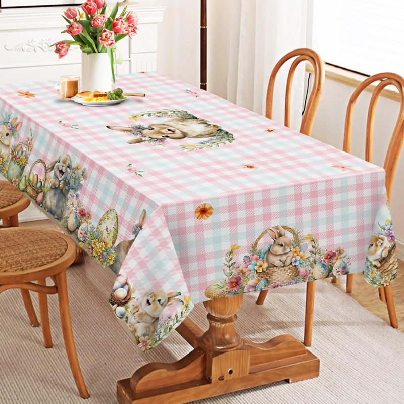 Easter Tablecloth 60X84 Inch Rectangle - Pink And Blue Plaid Easter Decorations For The Home - Water Resistant Spring Table Cloth Rectangle For Party,Table, Outdoor