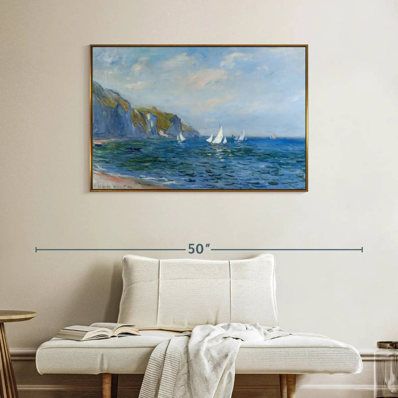 Falaises et voiliers à Pourville, 40 po x 27 po, Cadre flottant doré