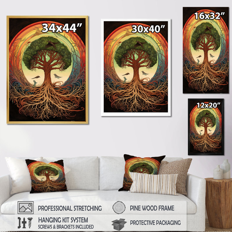 Arbre de vie, illustration rétro sur toile, H 40 po x l 30 po x P 1,5 po, Cadre simple blanc