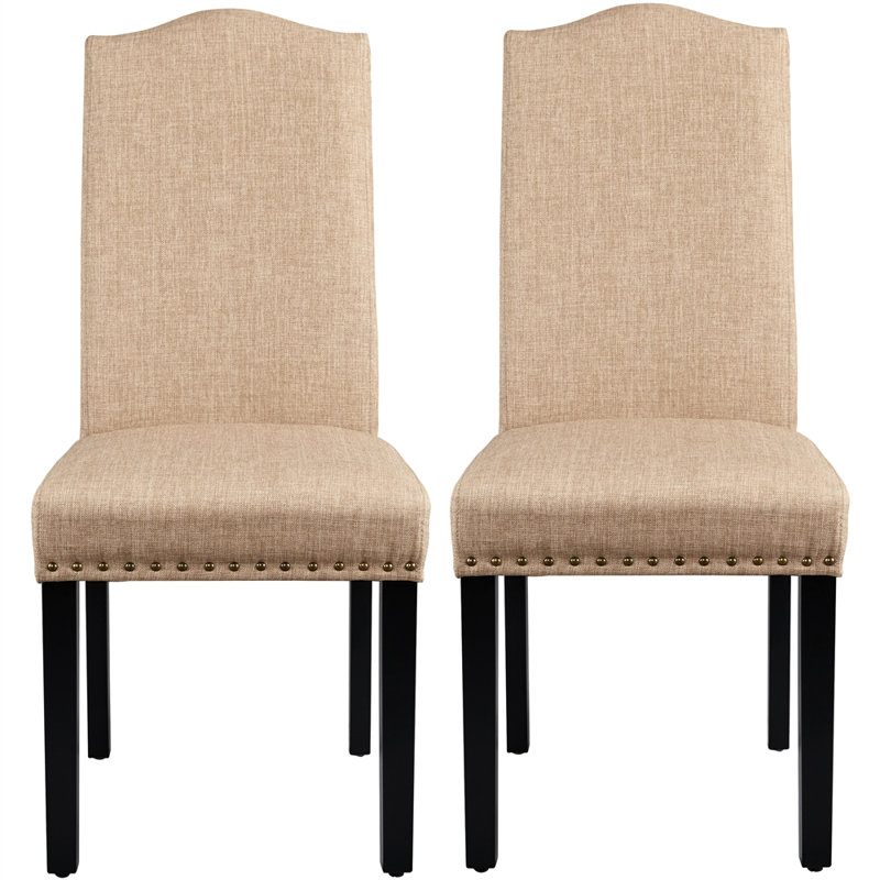 Mardell Fabric Upholstered Classic Dining Chair with Nailhead Trim Solid Wood Legs, Khaki