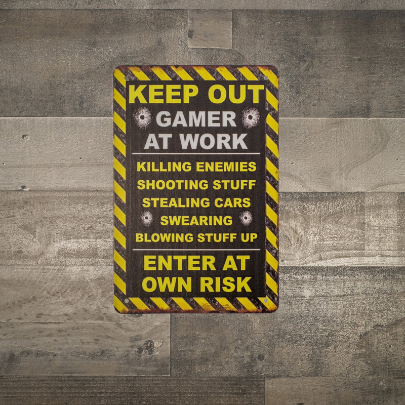 Caution Keep Out Gamer At Work Metal Wall Sign Funny Dorm Bedroom Man Cave Decor