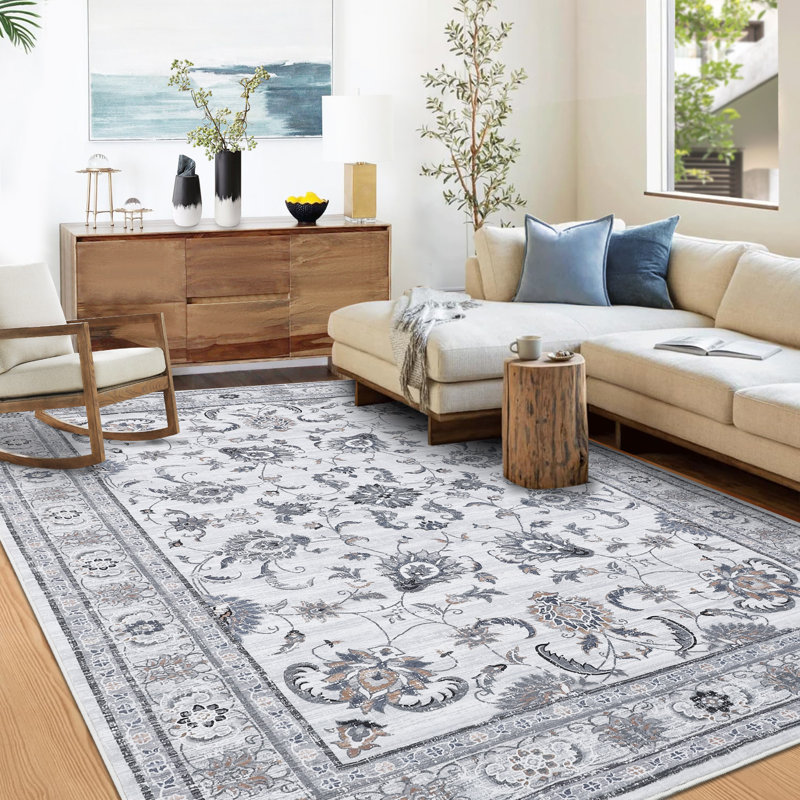 Washable Area Rug for Living Room Vintage Rococo Soft Rugs for Bedroom Stain Resistant Runner Rug for Hallway Laundry Low Pile Non Slip Distressed Accent Floor Mat Non-Shedding Foldable Rugs Indoor Office Farmhouse Decor