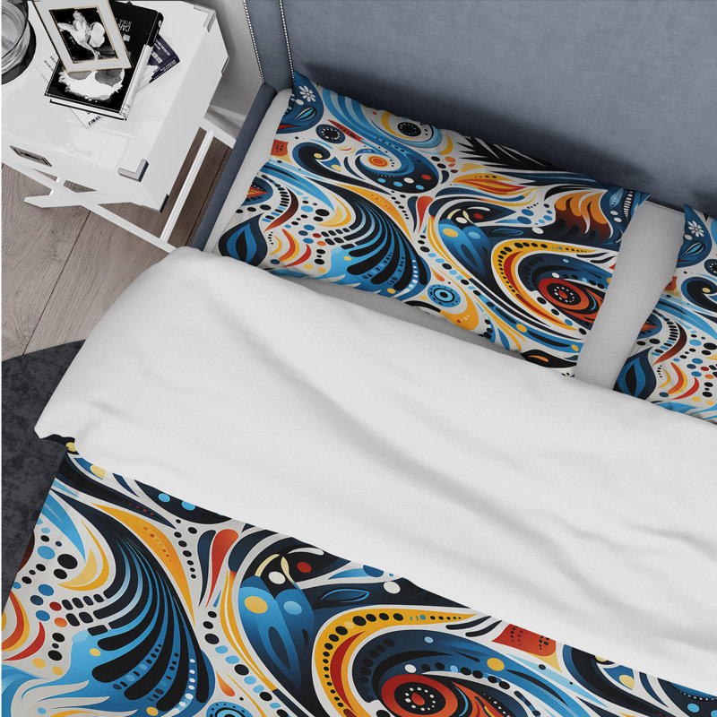 Ensemble de housse de couette abstrait bleu et orange Tribal Dreams I, Housse de couette pour très grand lit et 2 très
