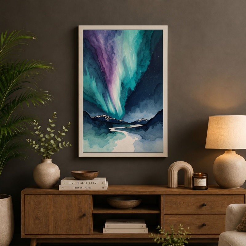 Aurora Over Mountains Scandinavian - Wrapped Canvas, 18x12 - 45.7 x 30.5 cm, Ochre Border