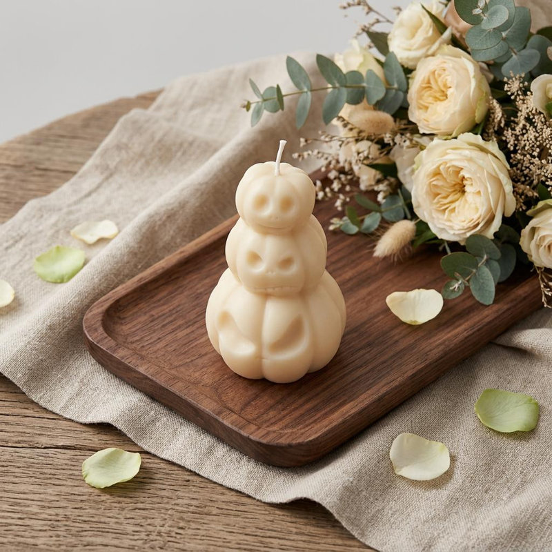 Bougie en cire de soya 3" ivoire sans parfum, trio de citrouilles en relief