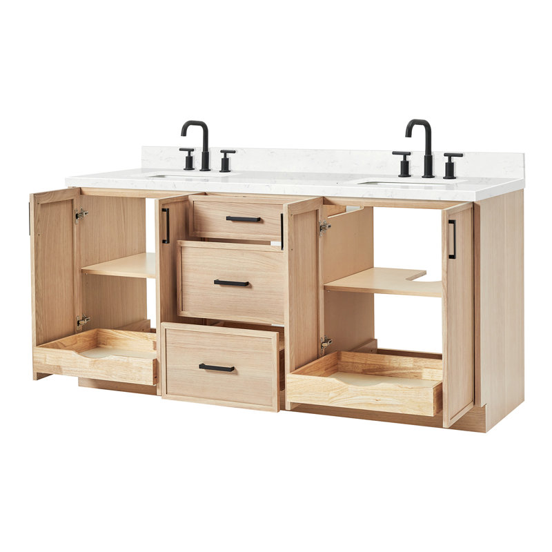 ARIEL Kelly 73 Double Sink Bathroom Vanity with Pure Quartz Top, Oak, Carrara White Quartz, Rectangular