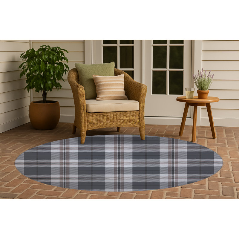 Tartan Block Non-Slip Outdoor Rug, Round 5'