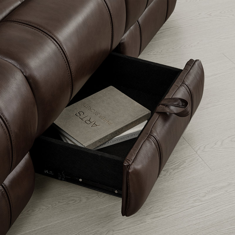 Canapé inclinable électrique en cuir véritable à 3 sièges à deux moteurs avec repose-tête électrique et console, Marron foncé