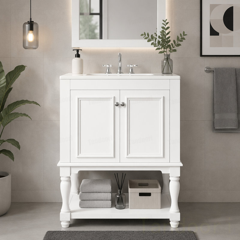 Meuble-lavabo de luxe moderne avec lavabo en céramique, armoire de salle de bain avec tablette ouverte et rangement fermé