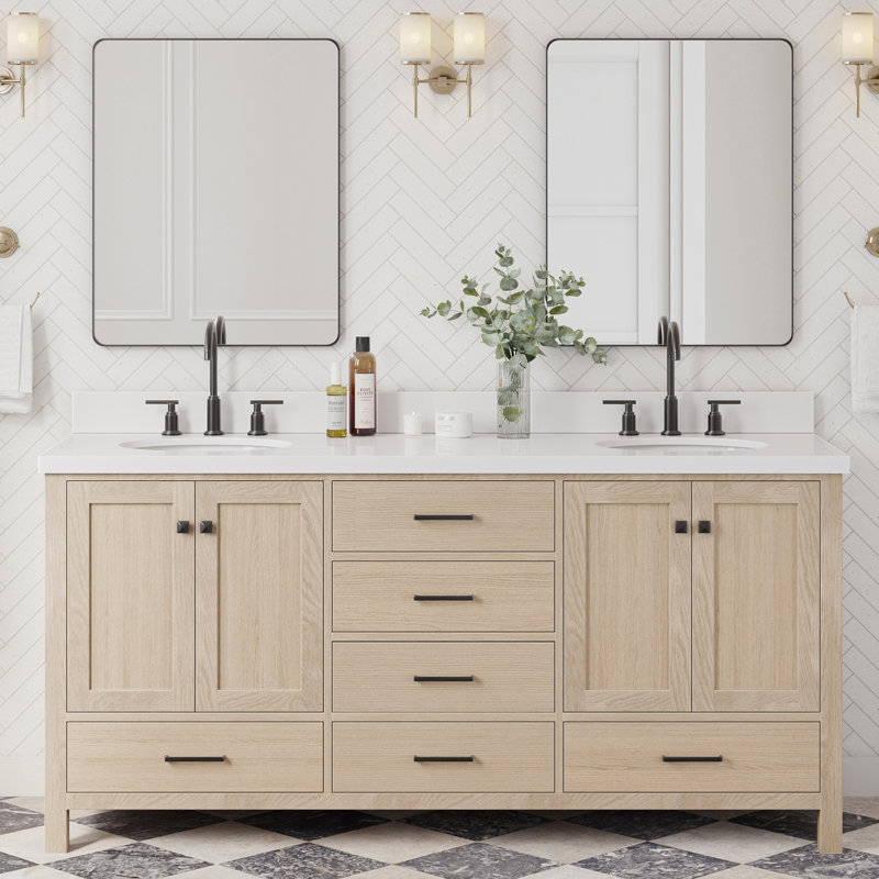 Cambridge 73'' Double Bathroom Vanity with White Quartz Top, Oak, Matte Black