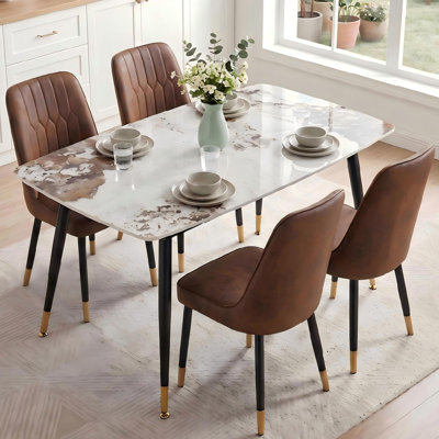 Marble Dining Table Set For 4, 5-piece Modern Dining Table With Suede Fabric Dining Chairs, Minimalist Kitchen Table Set For Apartment & Small Spaces