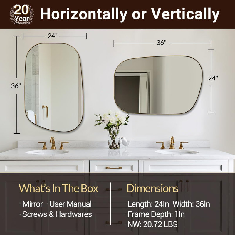 Huldrik Asymmetrical Irregular Bathroom Vanity Mirror | Stainless Steel Frame, Brushed Bronze, 36" x 24"
