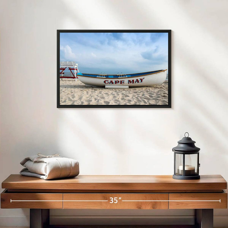 Bateau au cap May, 19 po x 13 po, Cadre flottant noir
