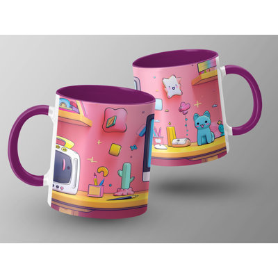 Kids Drawing Style 11oz Accent Mugs – Ceramic Coffee Cup with a Purple Handle and Interior