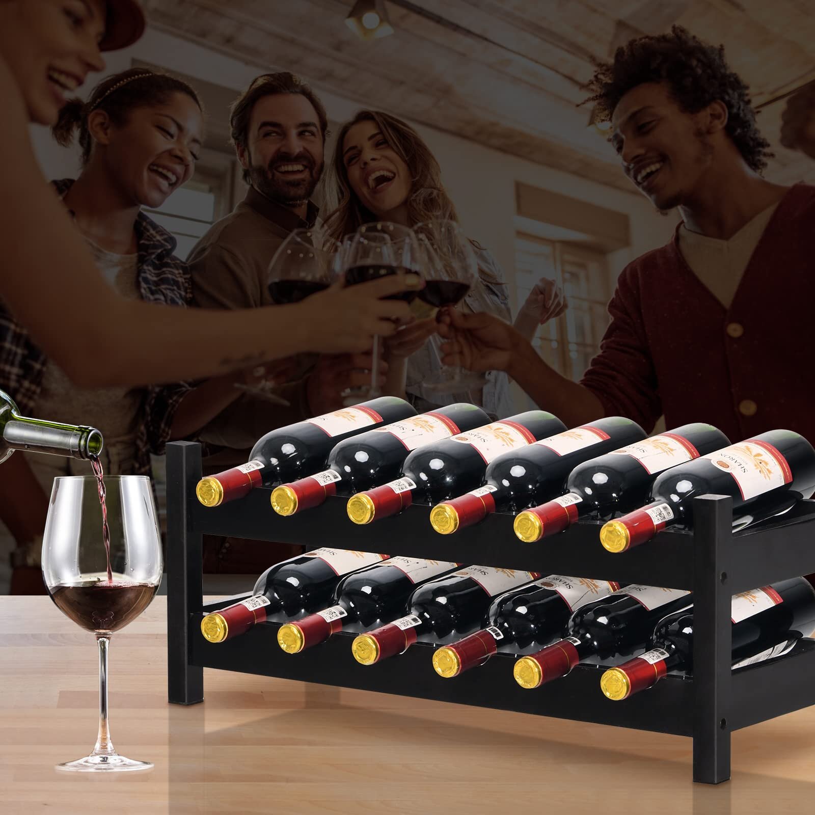 Rebrilliant Wine Rack, Bamboo 12 Bottles 2-tier Wine Display Rack For 