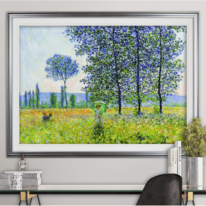 «Field in Spring», reproduction sur toile par Claude Monet, Impression encadrée, H 30,6 po x l 22,5 po, Argent argent