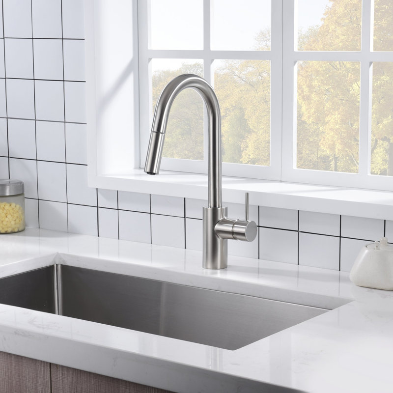 Euro Collection High-Arc Single Handle Kitchen/Bar Faucet with 2-Function Pull-Down Spout Sprayer - Brushed Nickel
