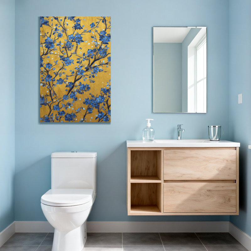 Plantes et fleurs Fleurs bleues sur fond doré, H 24 po x l 16 po