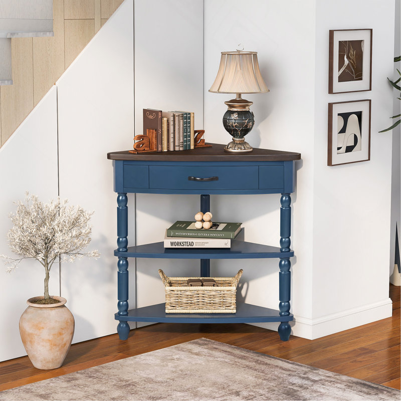 33.8'' Small Triangle Corner Table, Wood Corner Side Table For Small Spaces/ Living Room, 3 Tier End Corner Table With Solid Wood Legs, Navy Blue And Espresso Top