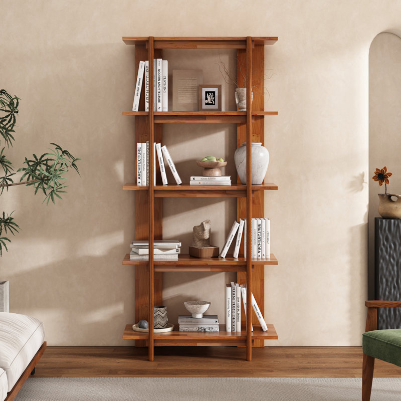 Toran 4-Tier Acacia Wood Modern Open Bookcase, Teak